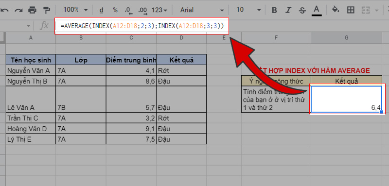 Kết hợp INDEX với AVERAGE